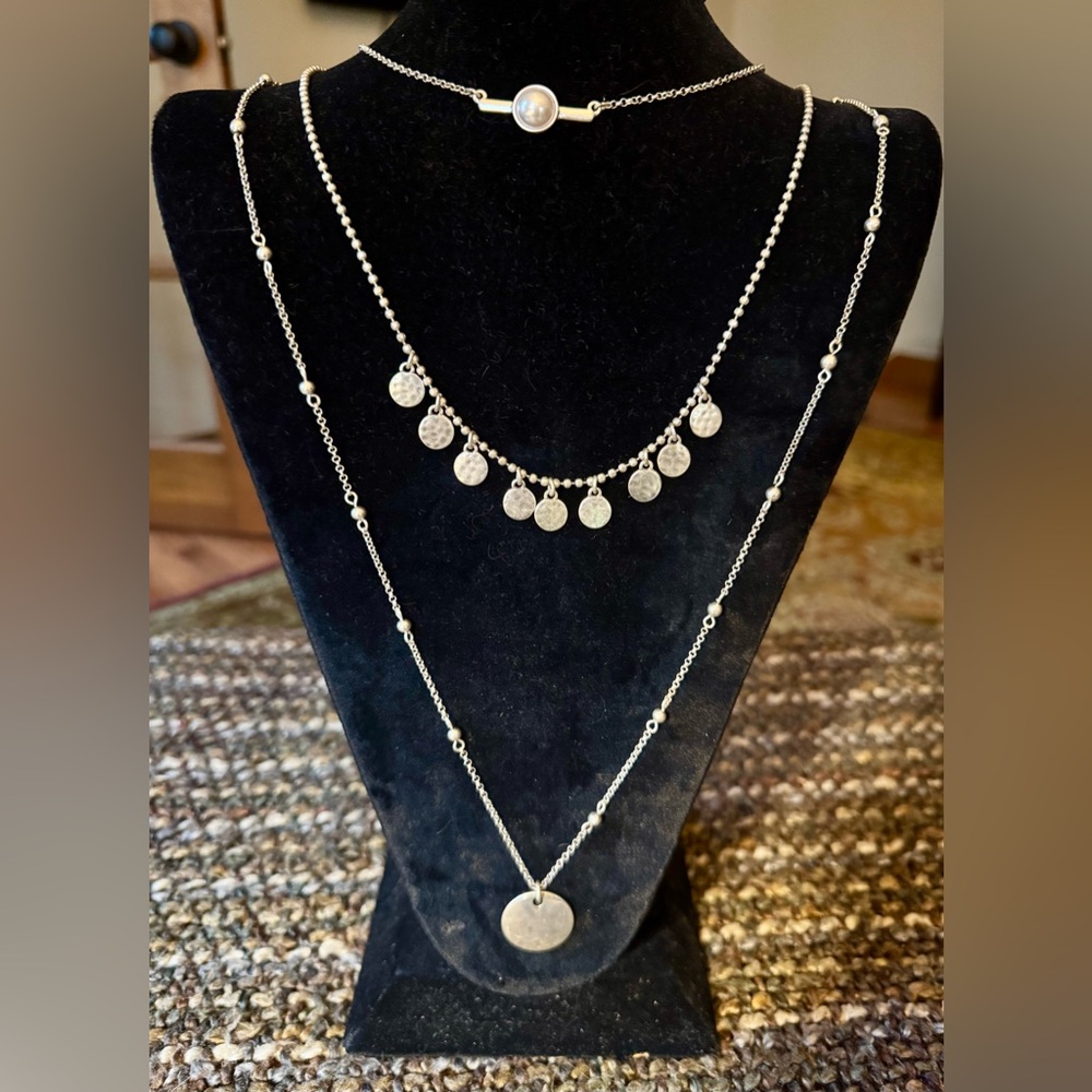 Lucky Brand Silver Layered Necklace with Pearl Accent
